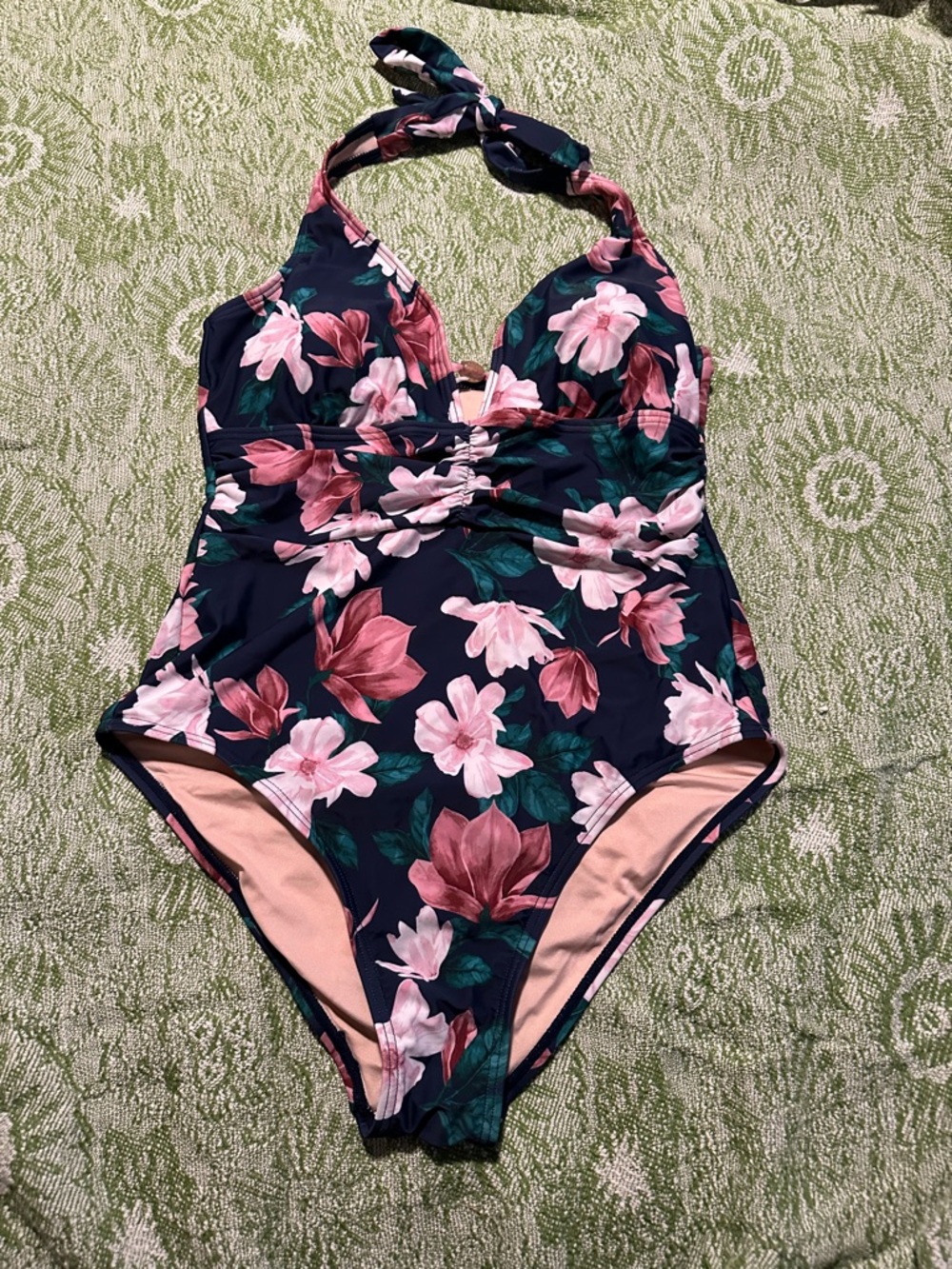 Cupshe Navy Floral Halter One-Piece Swimsuit with Pink Blooms